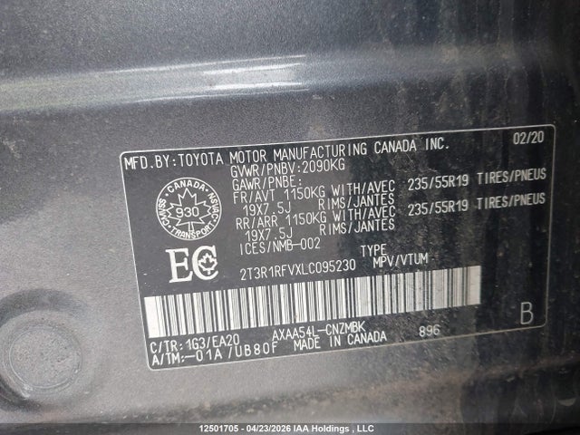 2020 Toyota Rav4 Xle მანქანა იყიდება აუქციონზე, vin: 2T3R1RFVXLC095230, აუქციონის ნომერი: 12501705