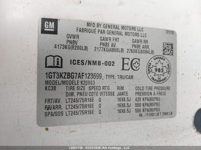 12501726 :رقم المزاد ، 1GT3KZBG7AF123699 vin ، 2010 Gmc Sierra K2500 Heavy Duty مزاد بيع
