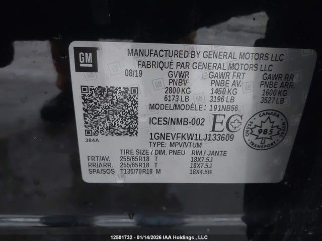 1GNEVFKW1LJ133609 Chevrolet Traverse Ls