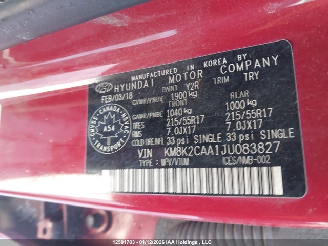 KM8K2CAA1JU083827 Hyundai Kona Sel