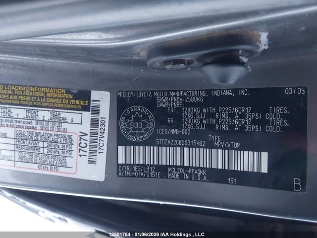 2005 Toyota Sienna Xle/xle Limited მანქანა იყიდება აუქციონზე, vin: 5TDZA22C65S315462, აუქციონის ნომერი: 12501784