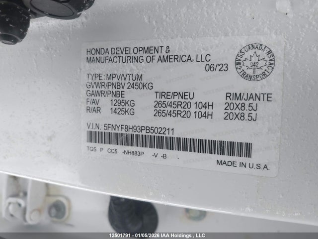 12501791 :رقم المزاد ، 5FNYF8H93PB502211 vin ، 2023 Honda Passport Touring مزاد بيع
