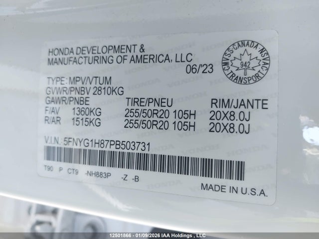 5FNYG1H87PB503731 Honda Pilot