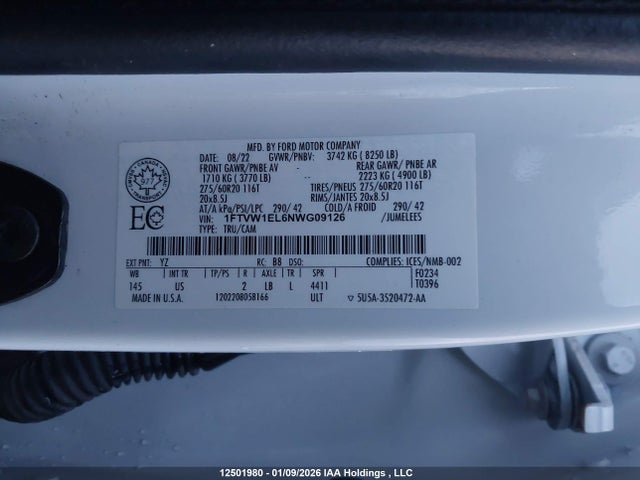 1FTVW1EL6NWG09126 Ford F150 Lightning Pro/lightning Xlt/lightning Lariat