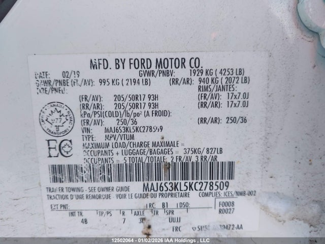 Aukcja sprzedaży 2019 Ford Ecosport Titanium, vin: MAJ6S3KL5KC278509, numer aukcji: 12502064