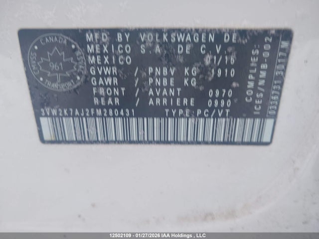 3VW2K7AJ2FM280431 Volkswagen Jetta 2.0l Trendline/2.0l Trendline+