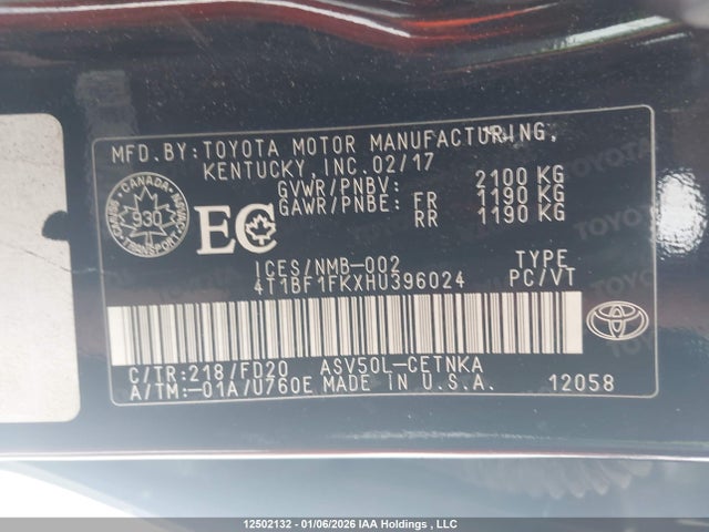 Продаж на аукціоні авто 2017 Toyota Camry, vin: 4T1BF1FKXHU396024, номер лоту: 12502132