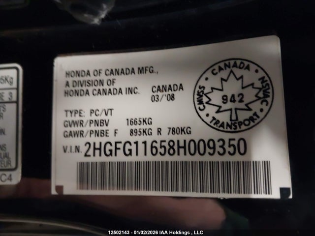 Aukcja sprzedaży 2008 Honda Civic Lx, vin: 2HGFG11658H009350, numer aukcji: 12502143