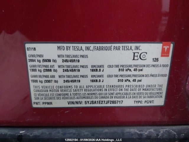 5YJSA1E27JF265717 Tesla Model S 100d/75d/p100d
