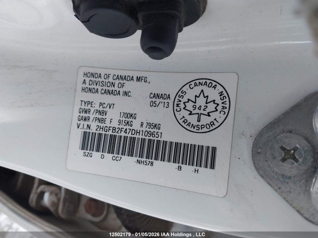 2013 Honda Civic Sdn მანქანა იყიდება აუქციონზე, vin: 2HGFB2F47DH109651, აუქციონის ნომერი: 12502179