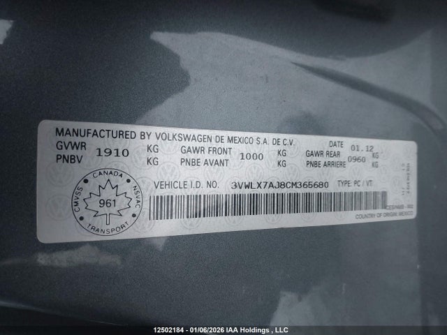 Aukcja sprzedaży 2012 Volkswagen Jetta Sel, vin: 3VWLX7AJ8CM365680, numer aukcji: 12502184