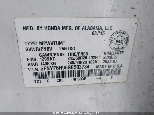 5FNYF6H95GB503784 Honda Pilot