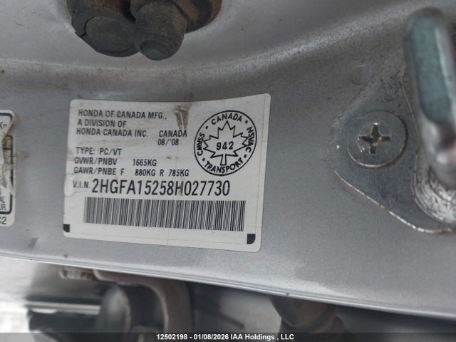 2008 Honda Civic Dx მანქანა იყიდება აუქციონზე, vin: 2HGFA15258H027730, აუქციონის ნომერი: 12502198