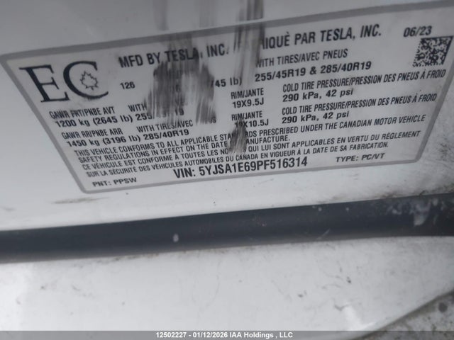 12502227 :رقم المزاد ، 5YJSA1E69PF516314 vin ، 2023 Tesla Model S Plaid مزاد بيع