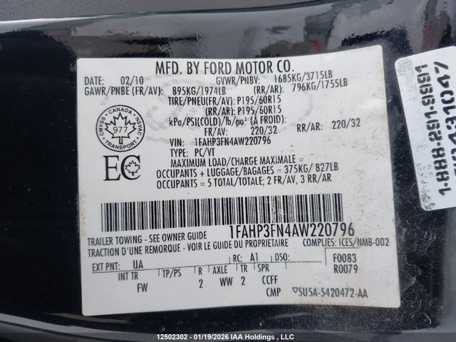 Продажа на аукционе авто 2010 Ford Focus Se, vin: 1FAHP3FN4AW220796, номер лота: 12502302