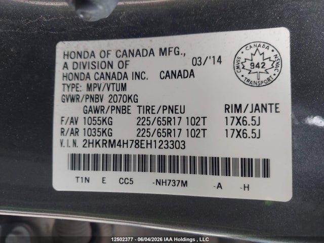 2HKRM4H78EH123303 Honda Cr-v Ex-l