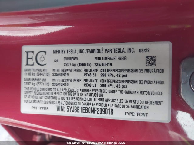 5YJ3E1EB0NF209018 Tesla Model 3 Long Range