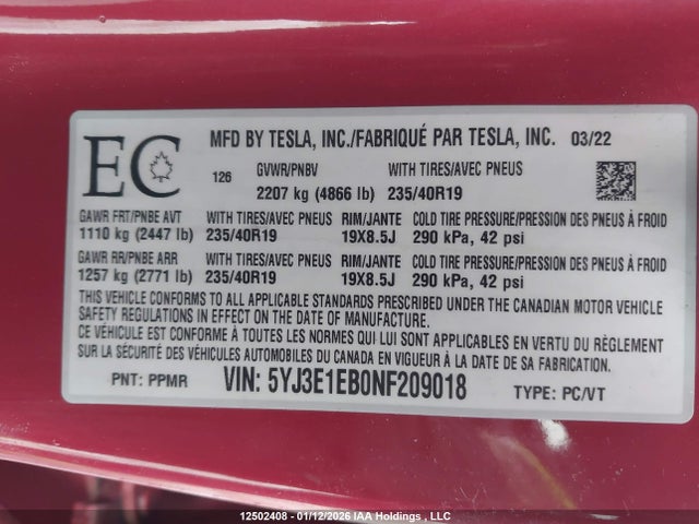 5YJ3E1EB0NF209018 Tesla Model 3 Long Range