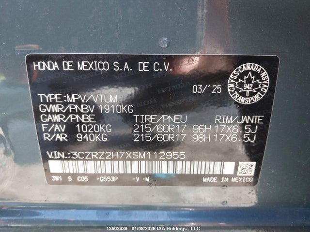 3CZRZ2H7XSM112955 Honda Hr-v Exl