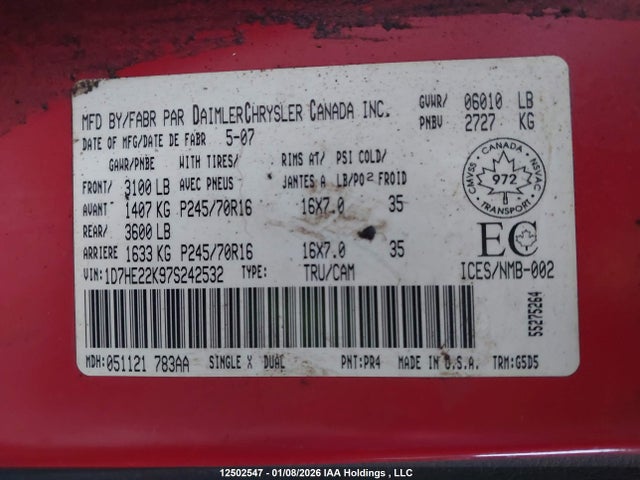 Aukcja sprzedaży 2007 Dodge Dakota St, vin: 1D7HE22K97S242532, numer aukcji: 12502547