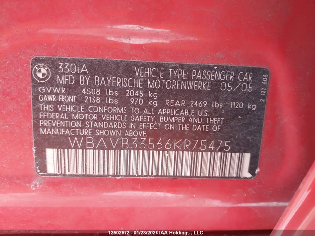 Aukcja sprzedaży 2006 Bmw 330i, vin: WBAVB33566KR75475, numer aukcji: 12502572