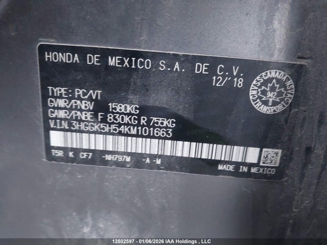 3HGGK5H54KM101663 Honda FIT LX