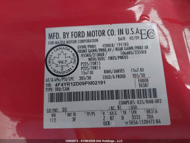 12502672 :رقم المزاد ، 4F4YR12D09PM02191 vin ، 2009 Mazda B2300 مزاد بيع