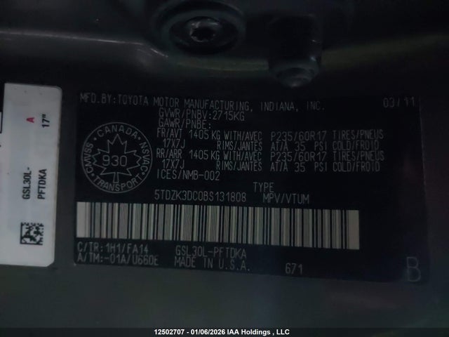 12502707 :رقم المزاد ، 5TDZK3DC0BS131808 vin ، 2011 Toyota Sienna مزاد بيع