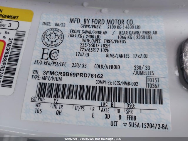 12502721 :رقم المزاد ، 3FMCR9B69PRD76162 vin ، 2023 Ford Bronco Sport Big Bend مزاد بيع