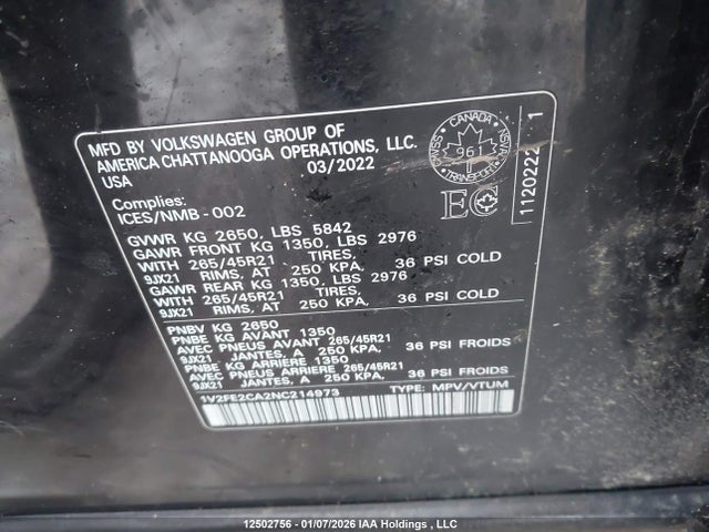 1V2FE2CA2NC214973 Volkswagen Atlas Cross Sport Sel Premium R-line