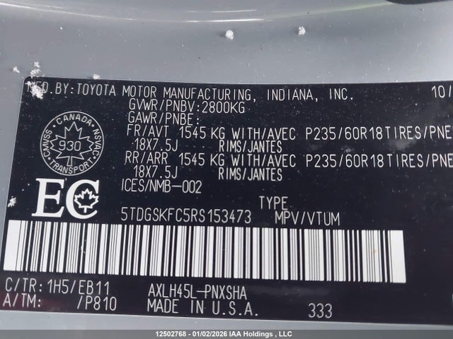 5TDGSKFC5RS153473 Toyota Sienna Le/xse/limited/platinum