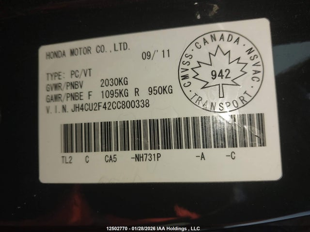 12502770 :رقم المزاد ، JH4CU2F42CC800338 vin ، 2012 Acura Tsx مزاد بيع
