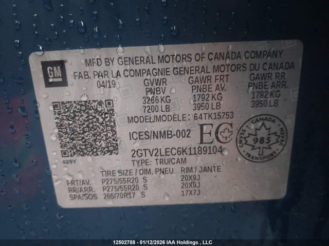 GMC SIERRA 1500 LIMITED 2019 2GTV2LEC6K1189104 Image 9