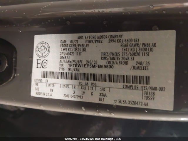 12502795 :رقم المزاد ، 1FTEW1EP5MFB65500 vin ، 2021 Ford F150 Supercrew مزاد بيع