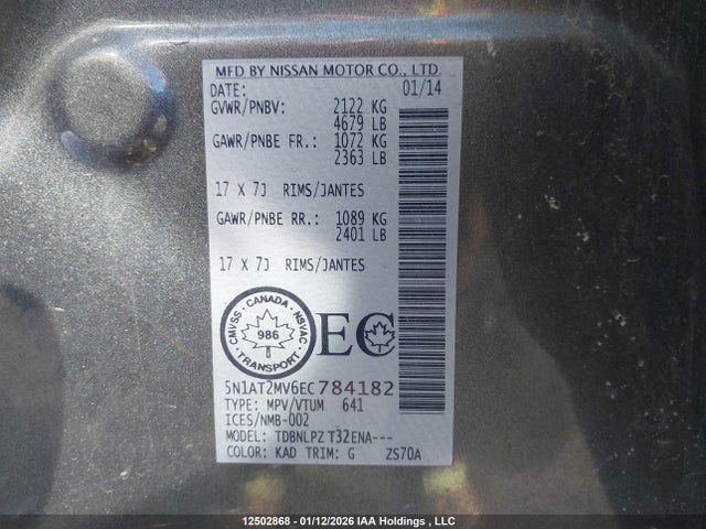 5N1AT2MV6EC784182 Nissan Rogue S/sl/sv