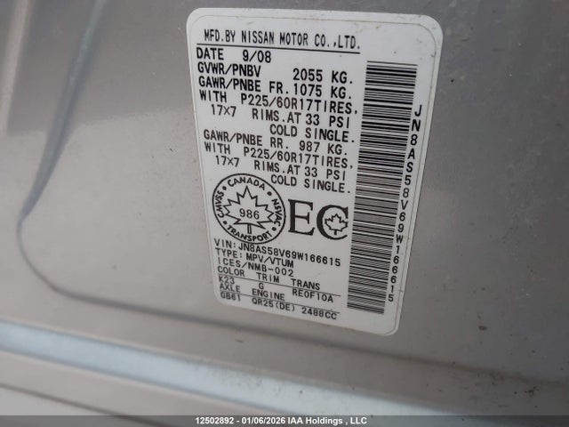 12502892 :رقم المزاد ، JN8AS58V69W166615 vin ، 2009 Nissan Rogue Sl مزاد بيع