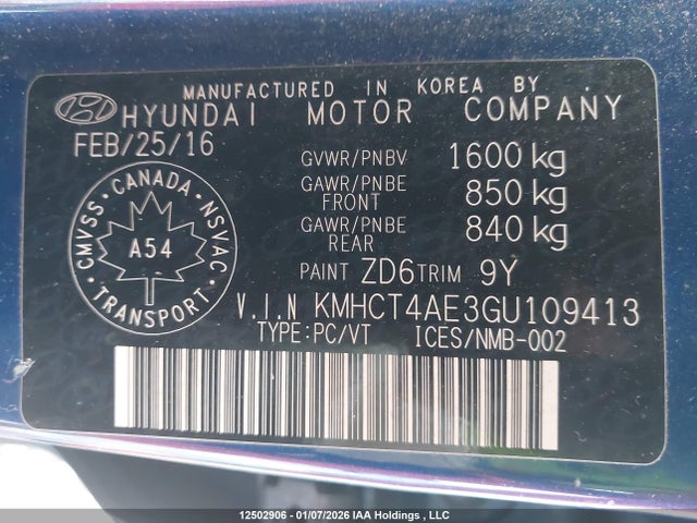KMHCT4AE3GU109413 Hyundai ACCENT SE