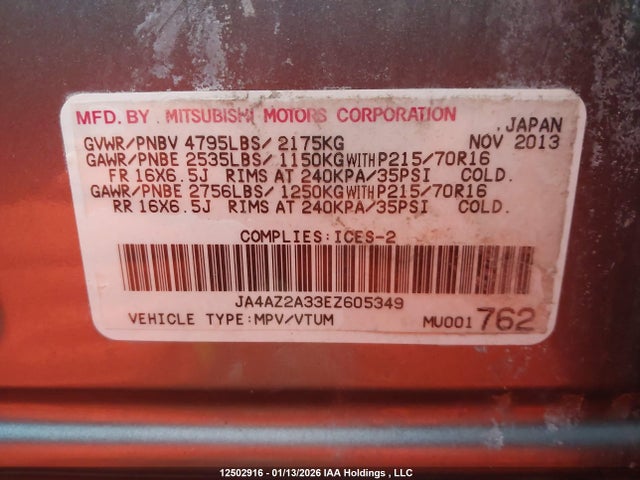 Aukcja sprzedaży 2014 Mitsubishi Outlander Es, vin: JA4AZ2A33EZ605349, numer aukcji: 12502916