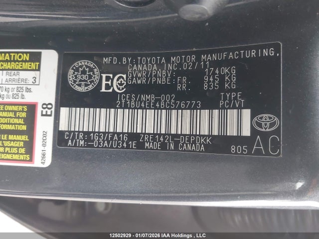 2011 Toyota Corolla S/le მანქანა იყიდება აუქციონზე, vin: 2T1BU4EE4BC576773, აუქციონის ნომერი: 12502929