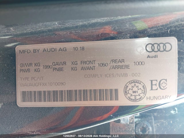 12502937 :رقم المزاد ، WAUAUGFFXK1010090 vin ، 2019 Audi A3 40 Komfort مزاد بيع