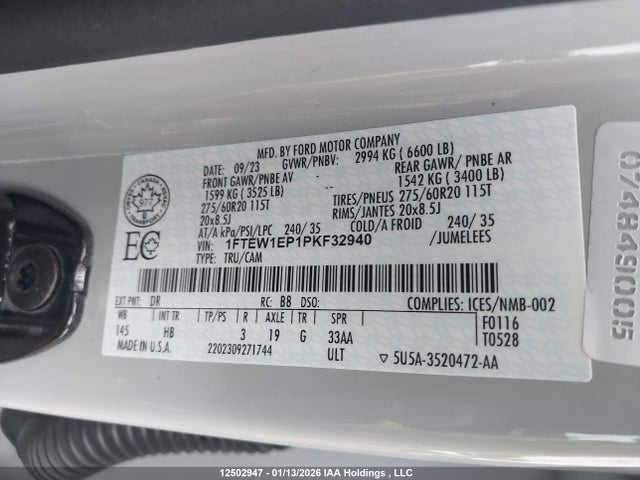 Продаж на аукціоні авто 2023 Ford F-150 Lariat, vin: 1FTEW1EP1PKF32940, номер лоту: 12502947