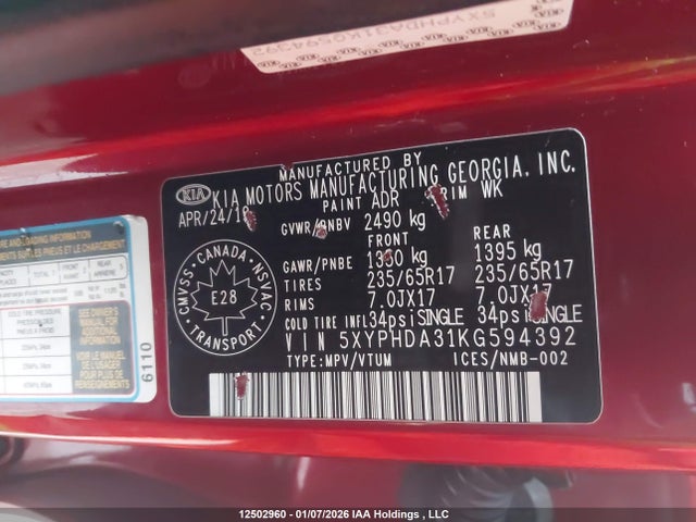 5XYPHDA31KG594392 KIA Sorento 2.4l Ex