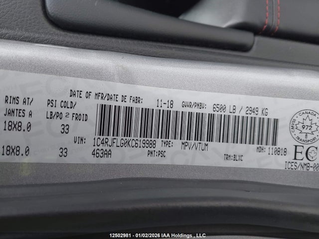 1C4RJFLG0KC619988 Jeep Grand Cherokee Trailhawk