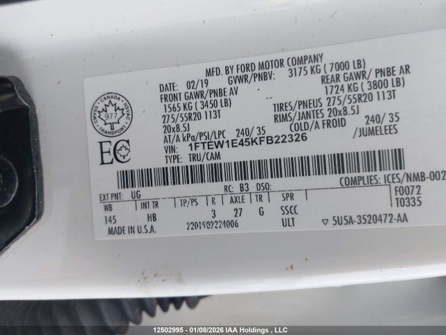 2019 Ford F-150 Lariat მანქანა იყიდება აუქციონზე, vin: 1FTEW1E45KFB22326, აუქციონის ნომერი: 12502995
