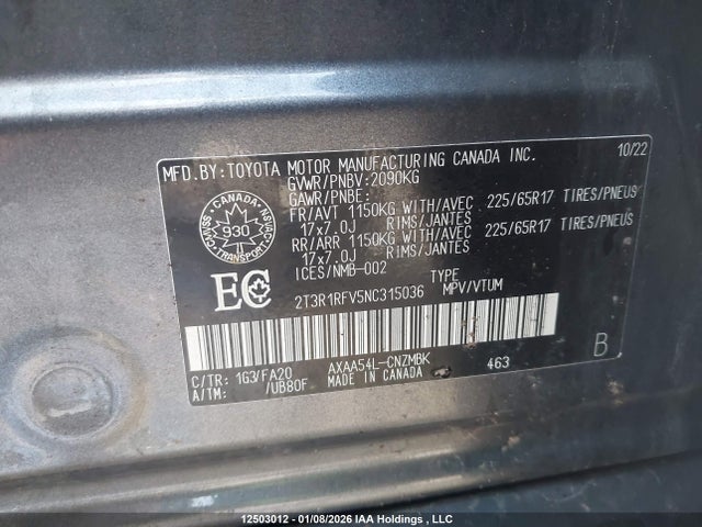 12503012 :رقم المزاد ، 2T3R1RFV5NC315036 vin ، 2022 Toyota Rav4 Xle مزاد بيع