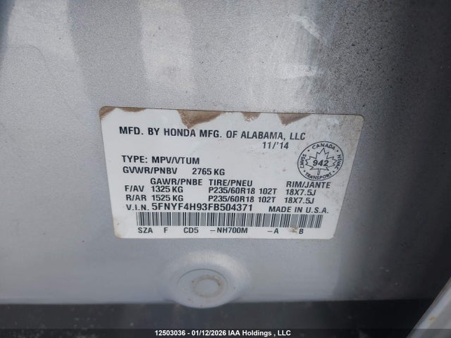 Продаж на аукціоні авто 2015 Honda Pilot Touring, vin: 5FNYF4H93FB504371, номер лоту: 12503036
