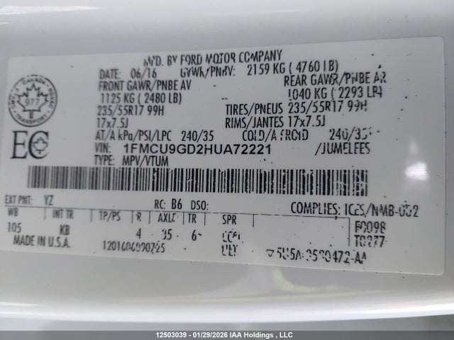 1FMCU9GD2HUA72221 Ford ESCAPE SE