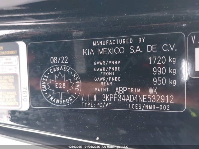 12503065 :رقم المزاد ، 3KPF34AD4NE532912 vin ، 2022 Kia Forte مزاد بيع