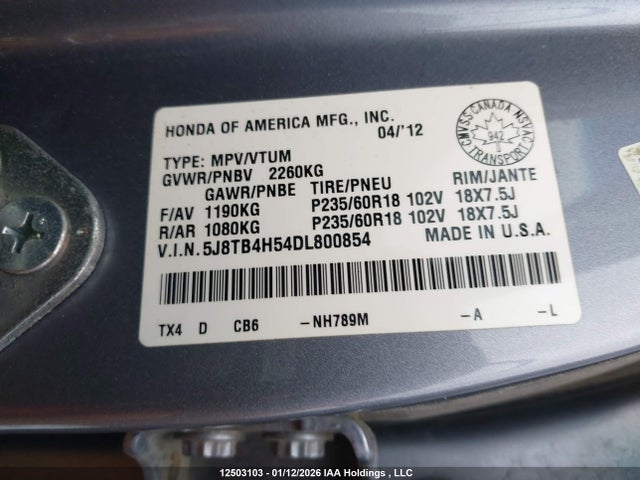 Aukcja sprzedaży 2013 Acura Rdx, vin: 5J8TB4H54DL800854, numer aukcji: 12503103