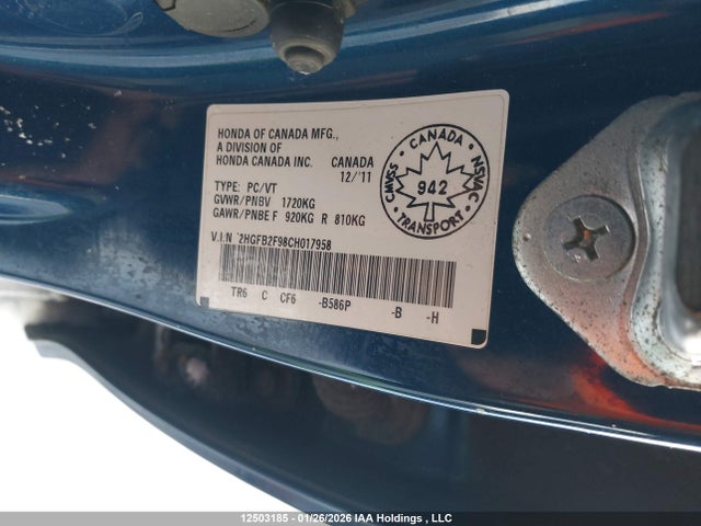 12503185 :رقم المزاد ، 2HGFB2F98CH017958 vin ، 2012 Honda Civic Ex-l مزاد بيع